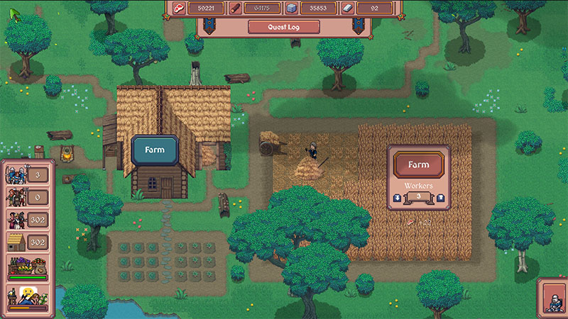 Gameplay screenshot of a farming zone: a thatched-roof "Farm" building (left) and a large tilled field (right) where a worker harvests crops. A floating info panel over the field reads "Farm — Workers: 3", with icons for food, wood, and stone output. Adjacent are crop plots, a well, and trees. Left UI panel shows population (3), resource stockpiles (302 each), and construction queue. Top bar includes gold (59221), food (93175), wood (35883), stone (92), and "Quest Log".