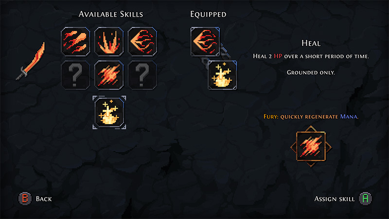 A dark textured background with two sections: “AVAILABLE SKILLS” (left) and “EQUIPPED” (right). Under “AVAILABLE SKILLS”: six square icons—three with orange flame-like symbols, two with question marks, one with a yellow star-and-cross symbol. A sword icon is to the far left. Under “EQUIPPED”: two icons selected—a flame symbol and a star-cross symbol. To the right, text reads: “HEAL / Heal 2 HP over a short period of time. / GROUNDED ONLY.” Below that: “FURY: QUICKLY REGENERATE MANA.” At bottom: “B BACK” and “ASSIGN SKILL H”.