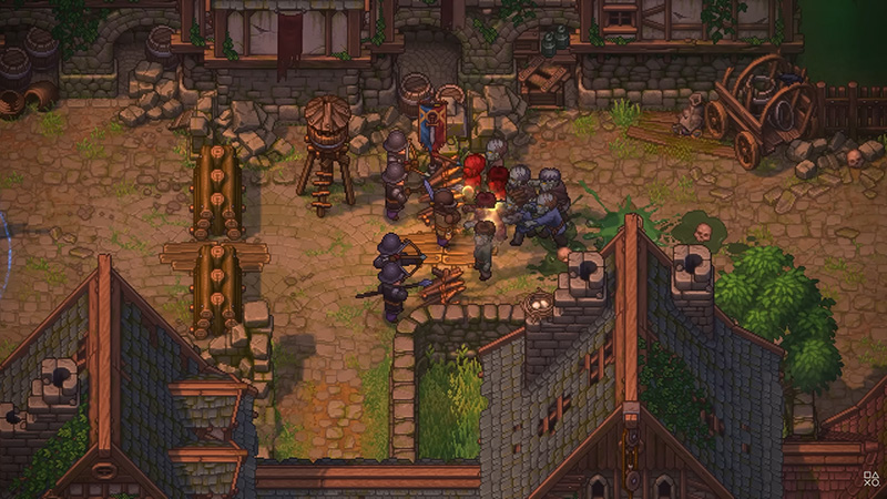 Combat scene in Graveyard Keeper II: The player character and armored guards fight off a group of green-skinned zombies in a stone courtyard. One guard fires a crossbow, another swings a sword, while zombies lunge with claws. Wooden barricades, barrels, and a burning fire pit surround the battle. Ivy-covered rooftops and medieval buildings frame the action.