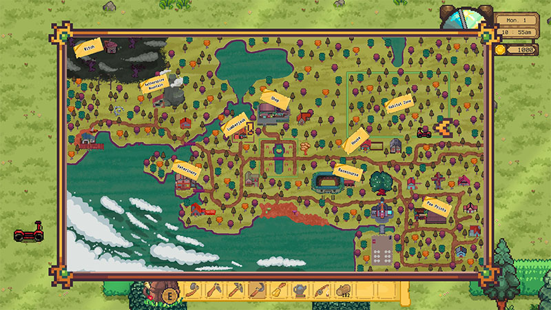 An overhead map of the village showing paths, buildings (labeled “Vet”, “Shop”, “Paw Prints”, etc.), a lake, and coastline. The player’s scooter is visible near the bottom left.