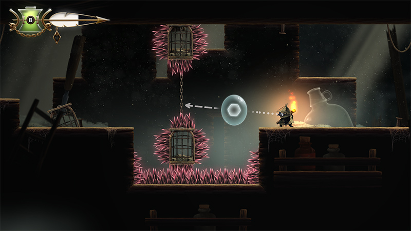The protagonist aims a translucent energy orb toward a hanging cage, using a dashed trajectory line to guide the shot. Spiky pink plants flank the cage, while shelves with glass bottles and a large jar sit in the dimly lit background.
