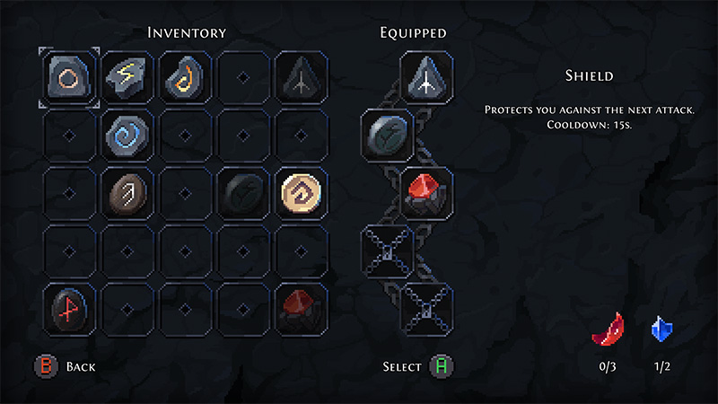 A dark textured background with two panels: “INVENTORY” (left, 4×4 grid) and “EQUIPPED” (right, vertical chain of slots). The inventory shows 7 filled slots with various symbols: a circle, a lightning bolt, a swirl, an arrow, a spiral, a rune-like symbol, and a red gem. The equipped chain has 5 slots; 3 contain items: a triangle, a grey disc, and a red gem. To the right, text reads: “SHIELD / Protects you against the next attack. / Cooldown: 15s.” Bottom: “B BACK”, “SELECT H”, and two icons at lower right—red feather (0/3) and blue crystal (1/2).