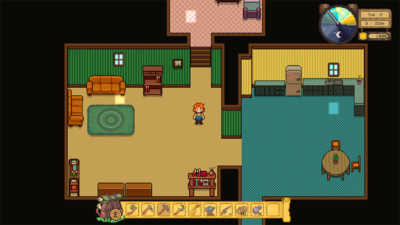A single character stands in the hallway of a two-room house: a living area with a sofa and rug on the left, and a kitchen-dining area with a refrigerator and round table on the right.