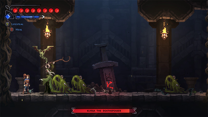 Boss battle against “KLYSSA THE DEATHSPEAKER.” The player character Fjor stands on the left platform. In the center is a broken stone sword monument marked with a red “X,” surrounded by green tentacled enemies. A red banner at the bottom displays the boss’s name. Top-left UI shows six red health orbs, a “LIFESTEAL” bar, and a “HEAL” bar.