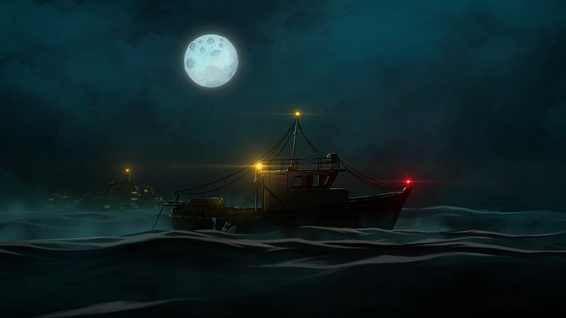 A fishing boat with yellow navigation lights and red stern lights sails on choppy dark waters at night; a full moon hangs in the deep blue sky, and a distant lighthouse-like structure emits faint light in the background.