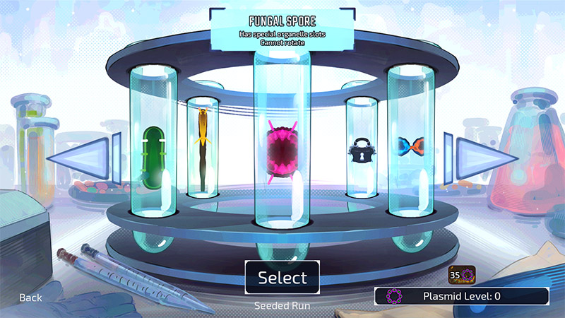 Selection screen for “Fungal Spore” microbe. Five vials display different organisms; the central pink one is highlighted. Text reads: “Has special organelle slots. Cannot rotate.”
