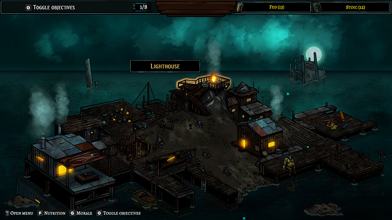 Top-down base view: central wooden platform with lighthouse linked to floating structures; one character on lower-right platform; top UI: Objectives 1/8, Frd(12), Stoic(12); bottom-left menu: “OPEN MENU”, “NUTRITION”, “MORALE”, “TOGGLE OBJECTIVES”.