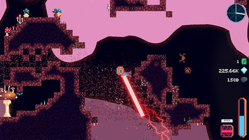 Pixel-art diver drills downward with a red laser beam through layered rock, collecting resource particles. UI shows diamonds (225.66K), oxygen bar, compass, and surface terrain under pink sky.