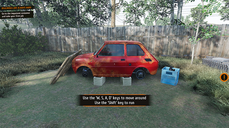 A rusted red hatchback propped up on concrete blocks in a grassy backyard, with wooden planks and a crate nearby.
