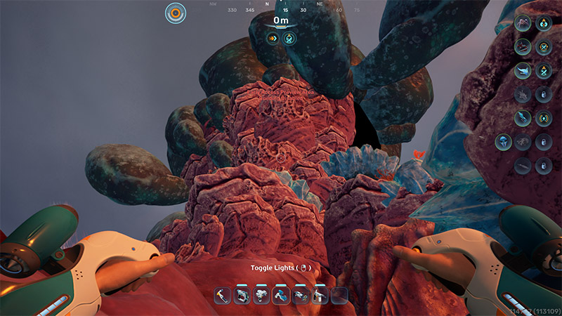 Close-up of the colossal, gnarled trunk-like structure with reddish-brown rocky textures and embedded blue crystalline formations.