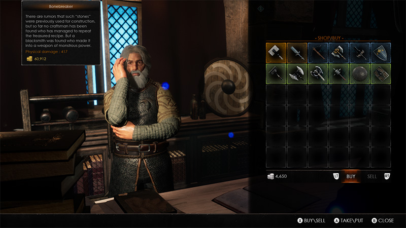 Blacksmith NPC describing the "Bonebreaker" weapon; left panel shows lore and stats (Physical damage: 417), right panel displays the shop interface with purchasable/sellable gear icons.