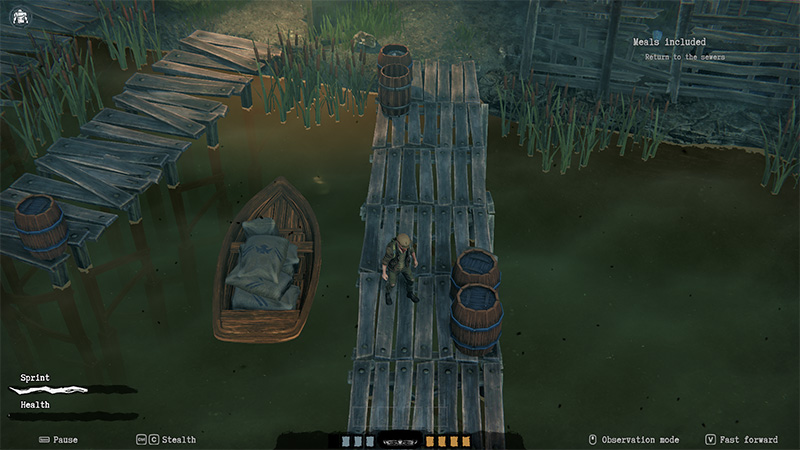 Player character stands on a dilapidated wooden pier beside a small boat and barrels; UI shows sprint bar, health, stealth status, and mission hint: “Meals included: Return to the sewers”.