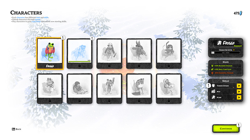 Character selection screen: Froggy is selected (level 3), with stats and skills shown on the right; 9 other characters are locked.