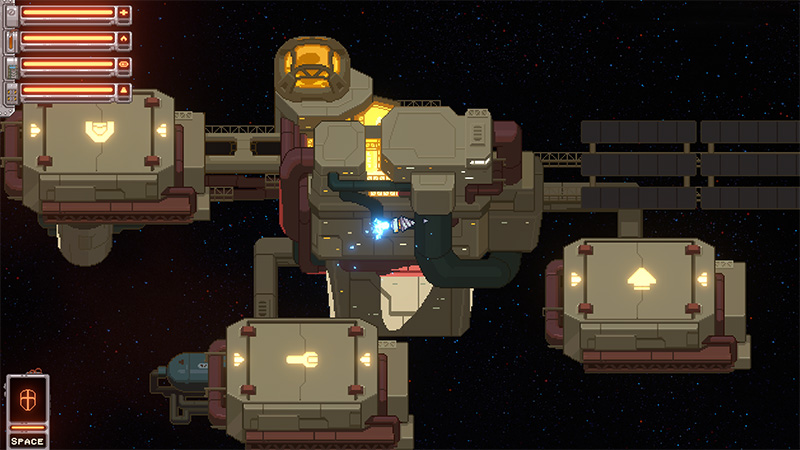 Pixel-art modular spaceship in space; orange cockpit, blue drill beam. UI: 4 status bars (top-left), "SPACE" button (bottom-left).