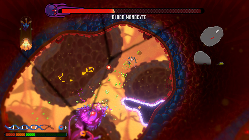 Top-down action view inside a blood vessel. Player-controlled purple microbe shoots at enemies while dodging attacks from “Blood Monocyte” (large red boss with health bar).