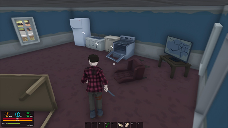 A survivor in a plaid shirt stands in a dilapidated room with broken appliances, a cracked TV screen, and scattered debris.