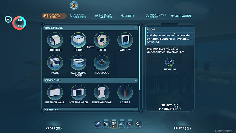 Habitat building menu: Standard Elements tab showing base pieces (Corridor, Room, Hatch, Window) and divisional parts (Interior Wall, Arch, Door, Ladder).