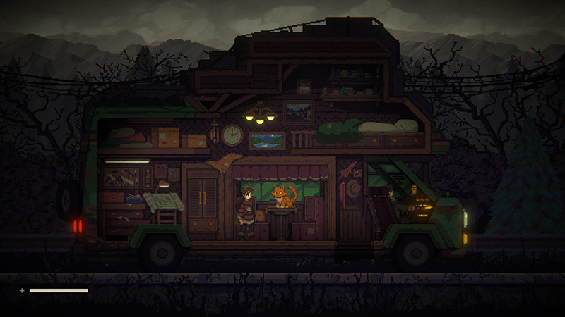At dusk in a post-apocalyptic wasteland, a modified green RV is parked on an overgrown road; its side door is open, revealing Katherine and her daughter Ava standing inside, with an orange cat perched on the windowsill—bare trees and gloomy mountains loom in the background.