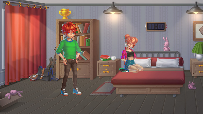 In-game scene: A red-haired boy stands in a cozy bedroom facing a pink-haired girl sitting on the bed; warm lighting, bookshelf, guitar, trophy, and plush rabbit visible; emotional tension suggested by their expressions.
