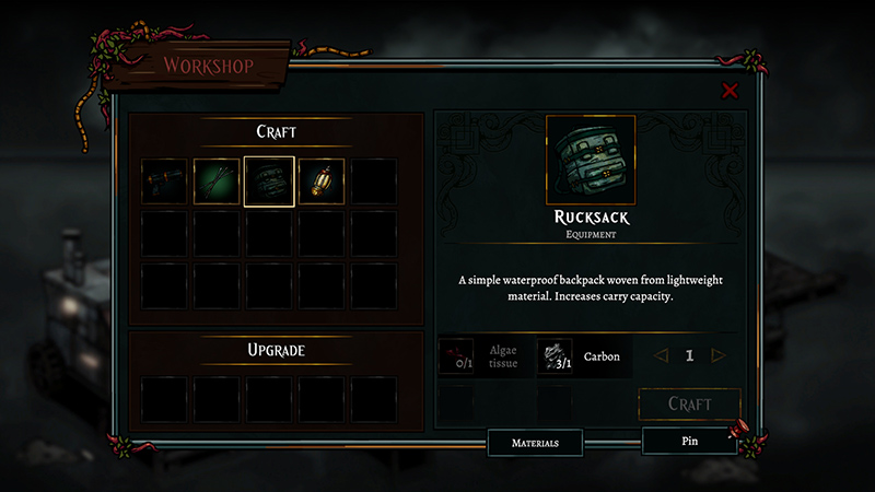 Workshop UI: “Craft” panel shows spear, lantern, rucksack; selected item “Rucksack” (Equipment): “A simple waterproof backpack woven from lightweight material. Increases carry capacity.” Materials: Algae tissue 0/1, Carbon 3/1. Buttons: “Materials”, “Pin”.