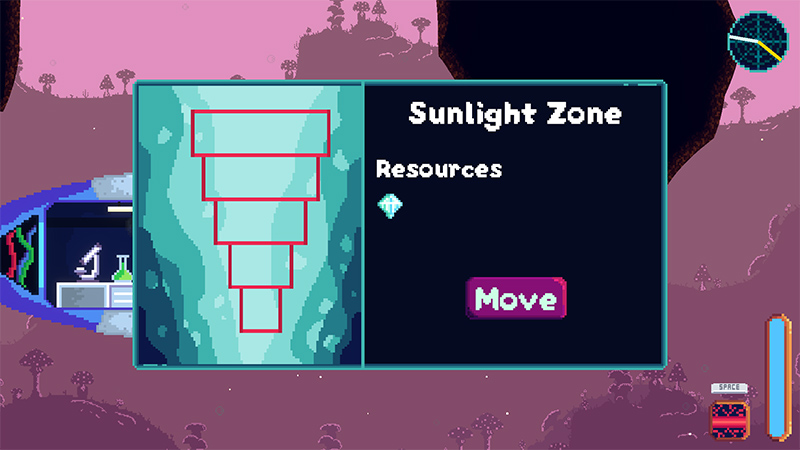 Submarine’s navigation interface: left panel shows “Sunlight Zone” as a vertical stack of selectable excavation layers; right panel lists available resources (diamond icon) and a “Move” button to reposition the sub.