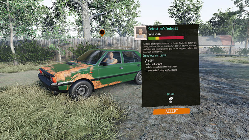 A green sedan with heavy rust and peeling paint parked outdoors; a task list shows bodywork requirements for the customer.
