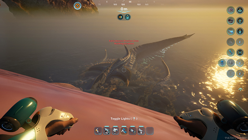 A massive, serpentine leviathan-like creature lies partially submerged near the surface at sunset, its spined back and tail extending across the water.