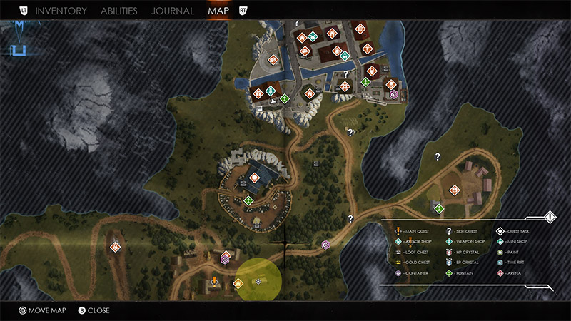 In-game world map showing various markers: main quests (orange diamonds), side quests (green diamonds), vendors (blue dots), chests (golden chest icons), etc. Legend at bottom-right; menu tabs (Inventory, Abilities, Journal, Map) at top-left.