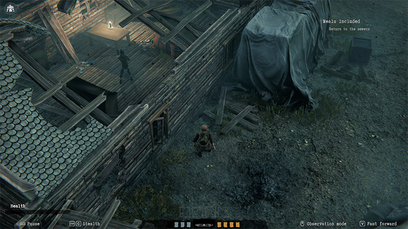 Player crouches outside a ruined wooden building while an armed guard patrols the rooftop; dim lighting, scattered debris; UI shows Health, Stealth, Observation Mode, and Fast Forward controls.