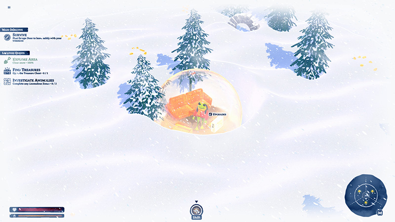 The frog protagonist takes shelter in a transparent dome amid heavy snowfall, with an orange sofa and supply crate inside; main objectives and mini-map visible on screen edges.