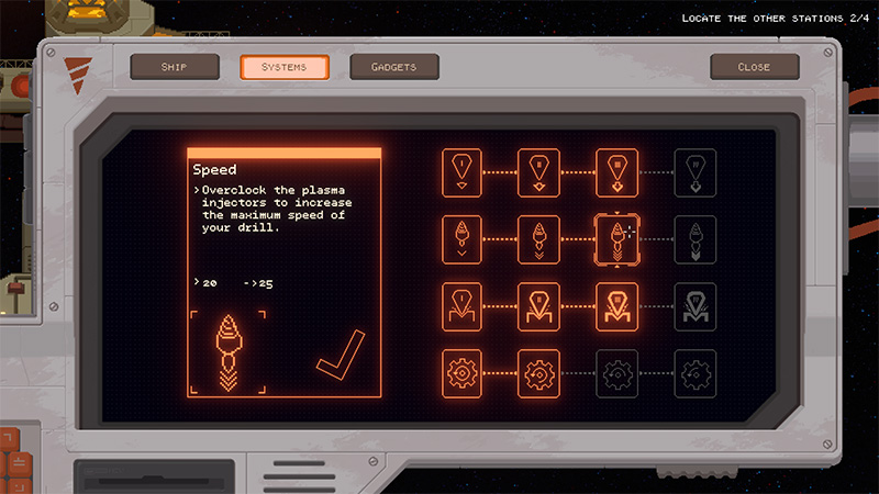 "SYSTEMS" upgrade menu: "Speed" — overclock plasma injectors to increase drill speed (20→25). Tech tree with icons on right. Orange UI.