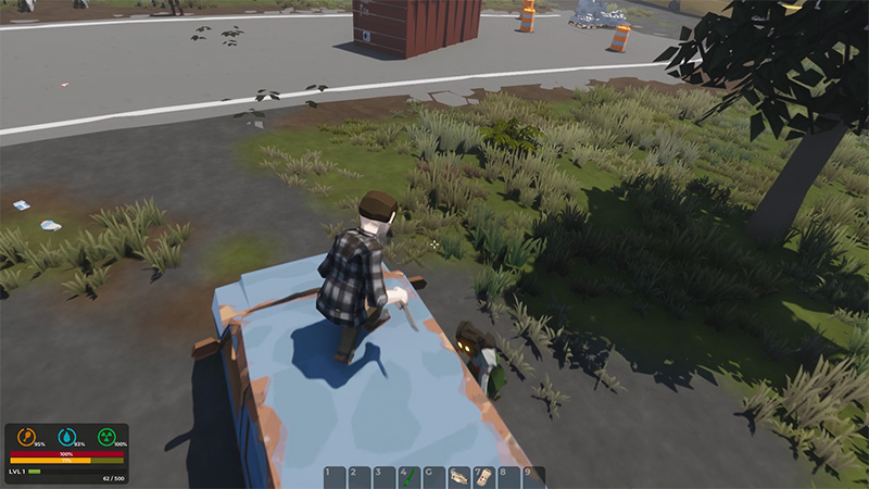 A survivor surveys overgrown terrain from a car roof as a zombie stealthily approaches through tall grass.
