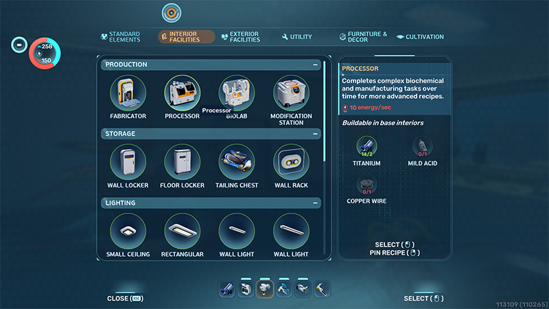 Interior Facilities menu: Production (Fabricator, Processor), Storage (Lockers, Chest), and Lighting options. Selected: Processor.