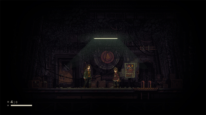 In a dimly lit underground facility, a single overhead light illuminates Katherine and Ava standing side by side; vines creep across decaying machinery, and posters—including one reading “DUST”—and a triangular symbol adorn the walls.