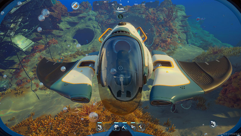 The Tadpole equipped with the Scout Ray Chassis, its agile wing-like thrusters deployed, hovering over orange kelp.