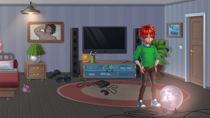 Protagonist alone in a living room: Red-haired boy stands near a glowing moon-shaped orb on the floor; TV, speakers, dumbbells, and framed art (including a portrait of a muscular figure) decorate the space; subtle unease in the composition.