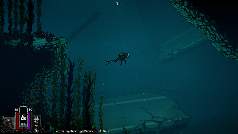 Player character in diving gear swims at 7m depth; bottom-left HUD shows: Health 29/30, Oxygen 17/140 (12%), Weight 3.5/6.0 kg; action prompts: “USE”, “NEXT”, “PREVIOUS”, “DASH”.