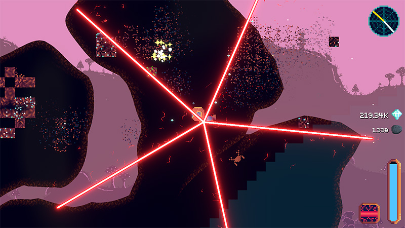 Diver fires four intersecting red laser beams to mine multiple rock nodes at once, scattering resource particles. UI reflects updated diamond count (219.24K) and oxygen level.
