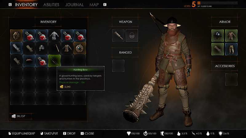 Character equipment screen: level-5 character model on right holding a bone-spiked mace; left inventory shows selected item “Hunting Bow” with description (“A good hunting bow used by rangers and hunters”), physical damage 186, price 2,245 gold; status bars (HP, stamina, weight, etc.) at bottom.