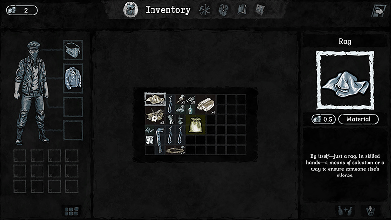 Hand-drawn-style inventory screen: character gear on left, grid-based backpack center, highlighted “Rag” (0.5 kg, Material) on right, with description: “By itself—just a rag. In skilled hands—a means of salvation or a way to ensure someone else’s silence.”