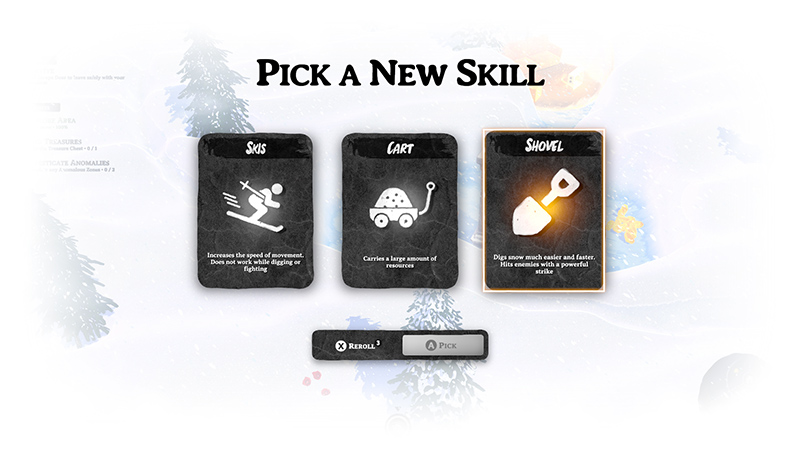 Skill selection screen: Three options—Ski (faster movement, disabled in combat), Cart (increased resource carry capacity), and Shovel (faster digging + powerful strike); Shovel is currently selected.