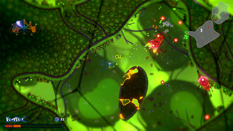 Gameplay in vibrant green cellular environment (resembling leaf tissue). Player microbe fires projectiles at red enemies; damage numbers pop up. UI shows DNA, energy, and score.
