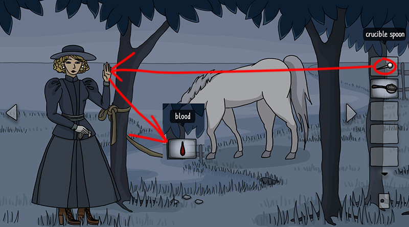 Woman points to tree hollow; blood vial on ground; "crucible spoon" visible in inventory.