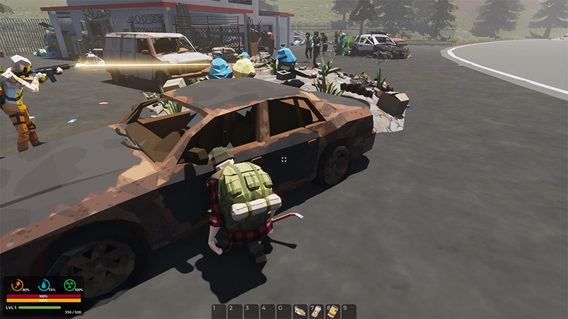 A survivor takes cover behind a rusted sedan as an armed hostile figure fires toward approaching threats outside a ruined police station.