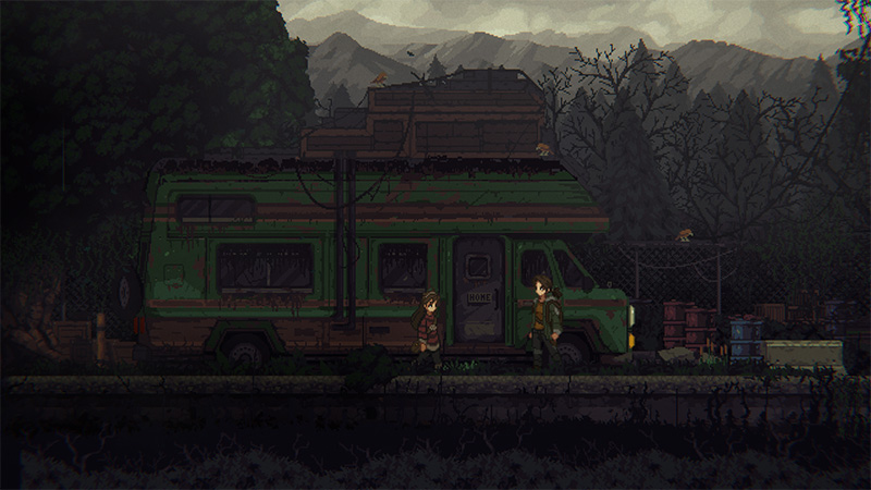 Daytime scene: Katherine and Ava converse beside their green RV, which bears a “HOME” sign on its door; supplies are stacked on the roof, with a chain-link fence and overgrown wilderness in the distance—evoking quiet desolation.
