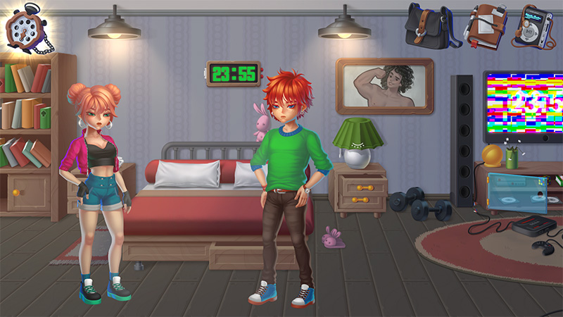 Critical in-game moment: Boy and girl stand in the bedroom as the TV displays glitching static, a digital clock reads "23:55", and personal items (bags, notebooks, camera) float mid-air—suggesting reality distortion and impending event.