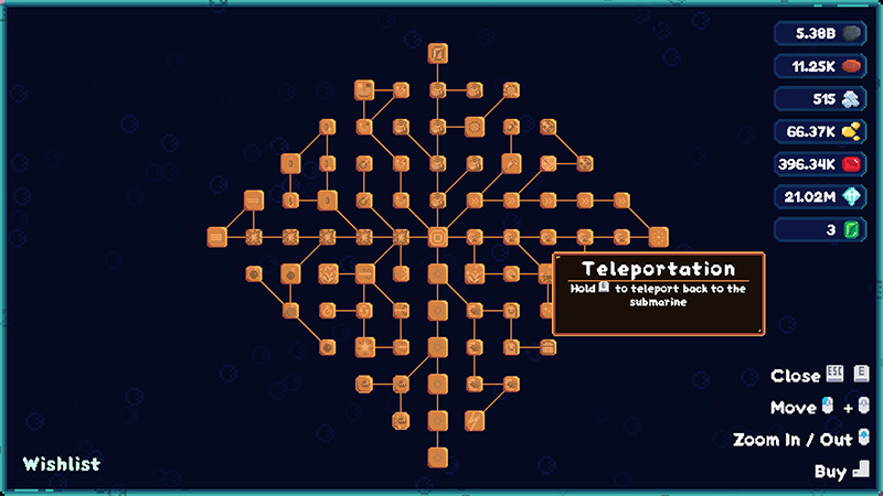 Tech tree interface with interconnected orange nodes; tooltip shows “Teleportation” ability (hold E to return to sub). Resource counters (diamonds, gems, etc.) on right.