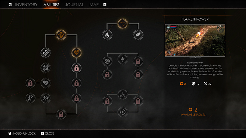 Skill tree interface: three branches (Combat, Magic, Survival); unlocked nodes glow, locked ones show padlock icons. Pop-up on right details the “Flamethrower” skill: costs 2 skill points, requires 10 Fire Proficiency and 30 Engineering; allows setting enemies on fire (ignores fire resistance if no fire-resistant armor).