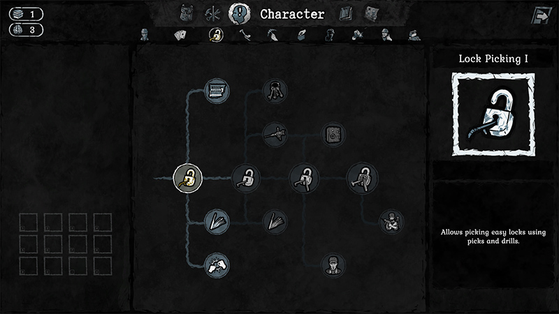 Hand-drawn skill tree interface: central unlocked node “Lock Picking I”, connected to branches (e.g., lockpicks, drills, crowbars); right panel describes: “Allows picking easy locks using picks and drills.”