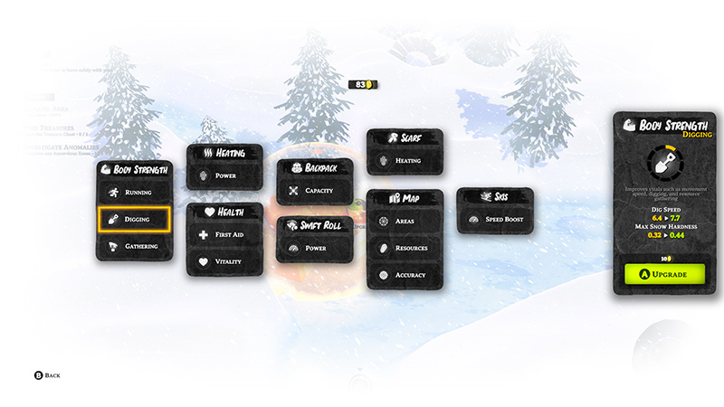 Upgrade menu: Left panel shows Body Strength (Running, Digging, Gathering), Health (First Aid, Vitality), and Backpack; center includes Heating, Map, SOS; right panel details the “Digging” skill with upgrade cost (30 points).